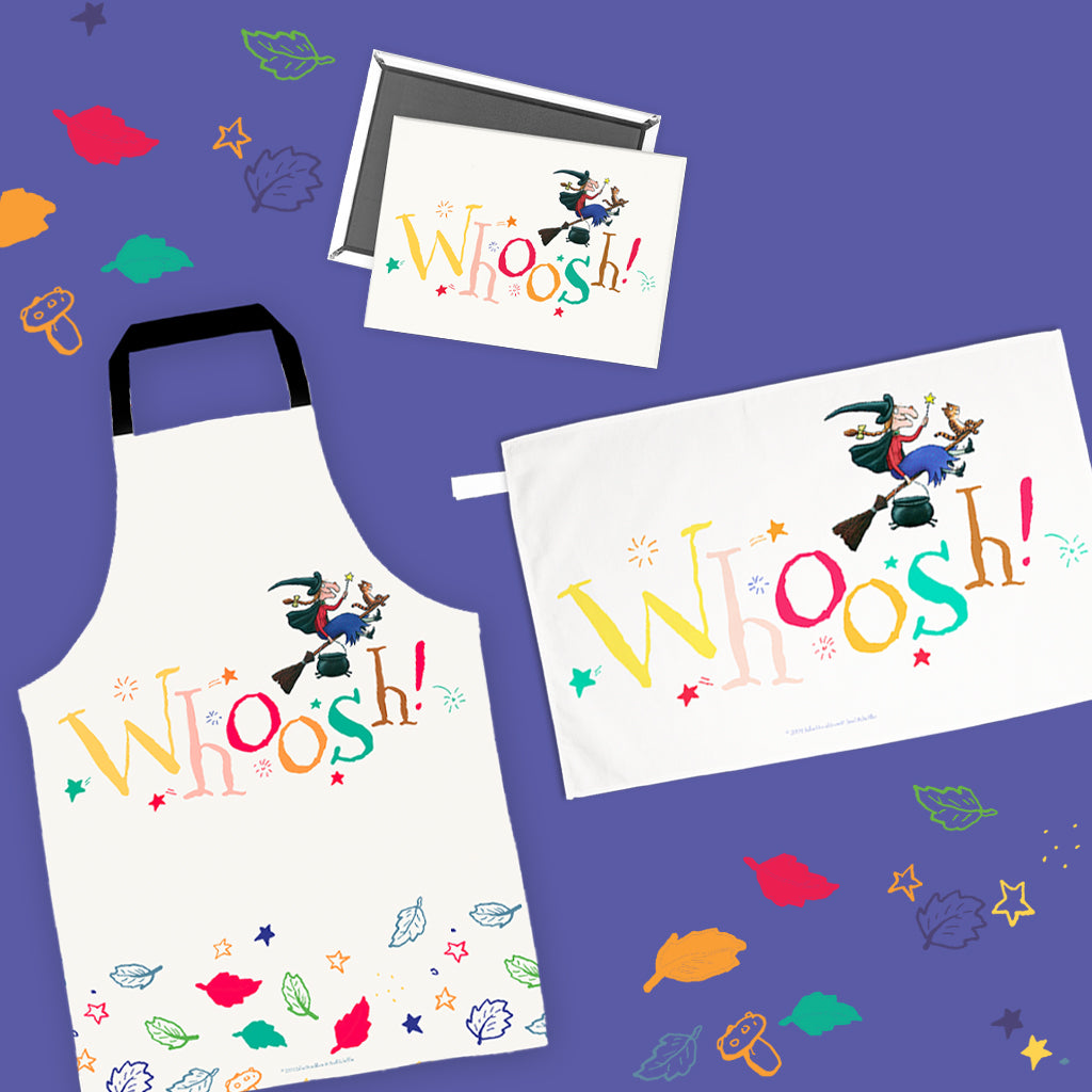 Room on the Broom 25th Anniversary 'Whoosh!' Kitchen Bundle | Apron, Tea Towel & Magnet Set