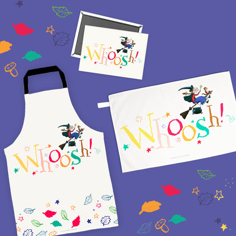 Room on the Broom 25th Anniversary 'Whoosh!' Kitchen Bundle | Apron, Tea Towel & Magnet Set