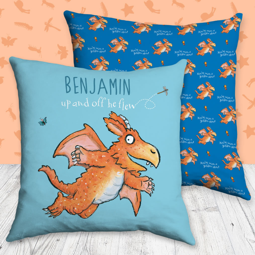 "Up and off he flew" Zog Personalised Cushion (Lifestyle) 