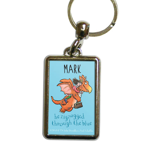 "He zigzagged through the blue" Zog Personalised Metal Keyring 
